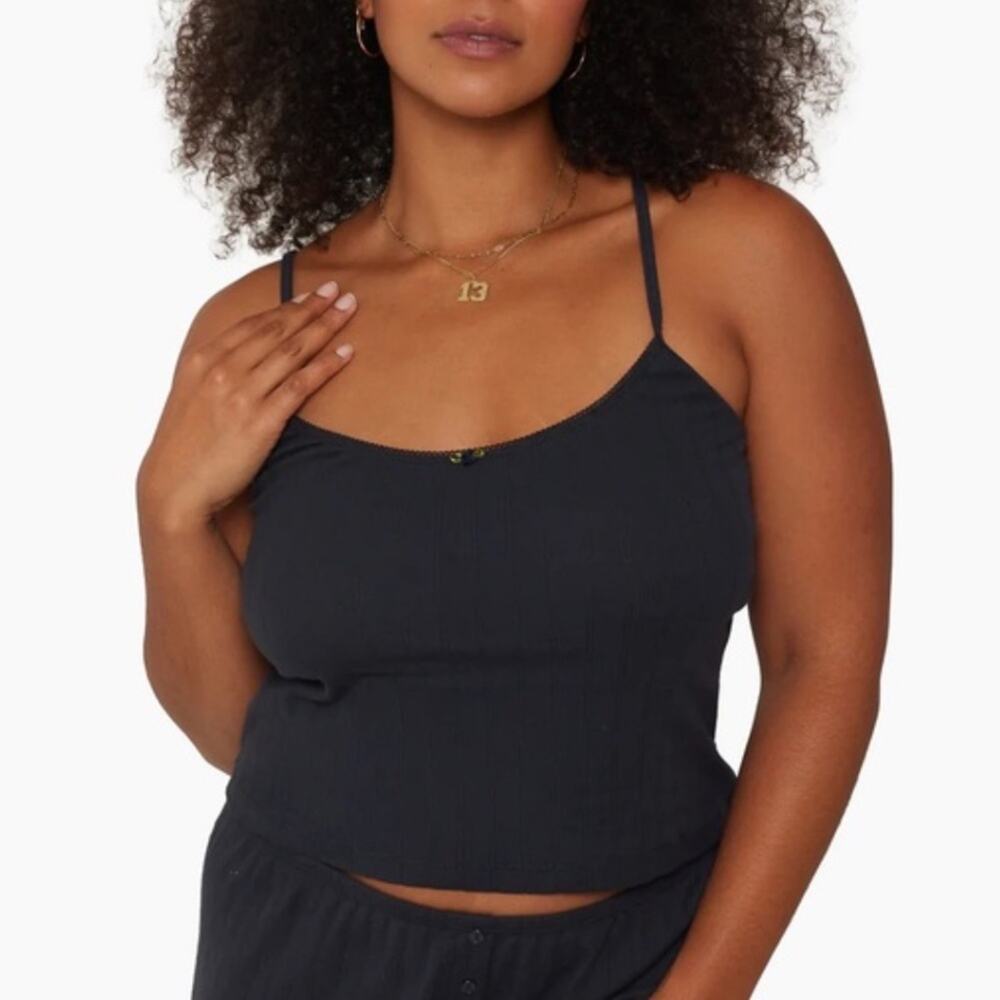 Set Active Navy Blue Cotton Pointelle Rosette Cami Pajama Sleep Tank Top Small